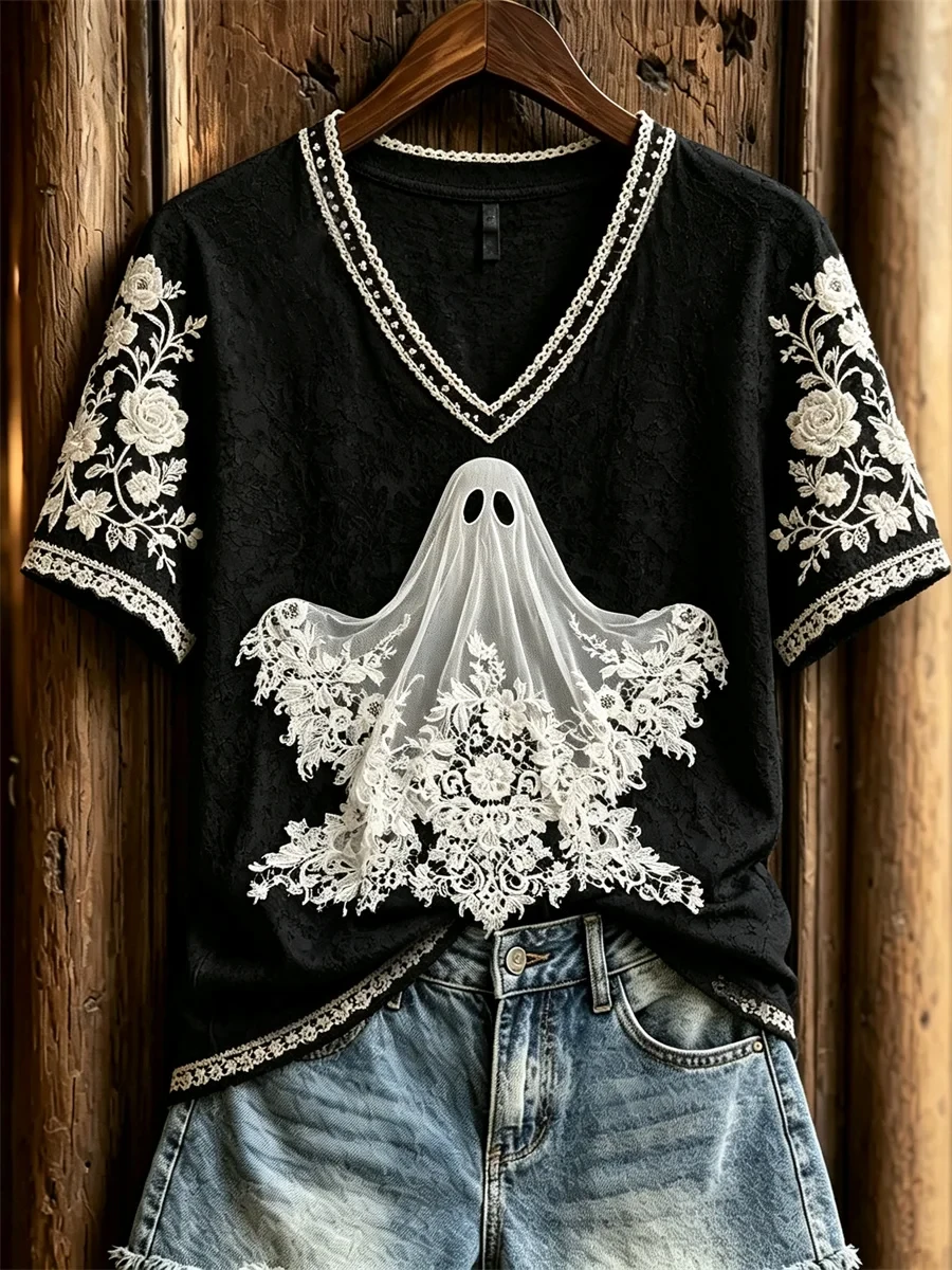 Halloween Classy Ghost Floral Art Gothic V-Neck Shirt Spooky Season Apparel Halloween Gifts - Kdjoy