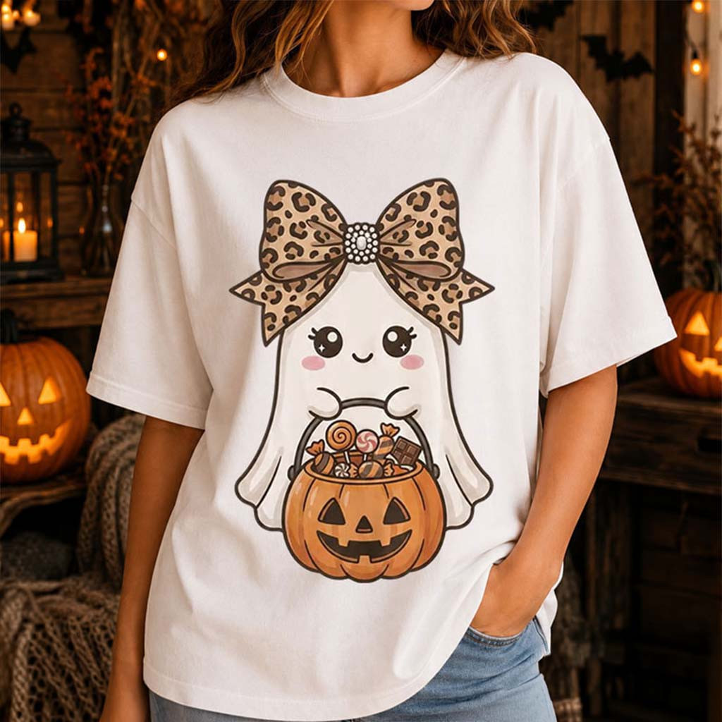 Halloween Cute Ghost Leopard Bow T-Shirt Kawaii Spooky Season Outfits Gift For Her - Kdjoy Halloween Cute Ghost Leopard Bow T-Shirt Kawaii Spooky Season Outfits Gift For Her - Kdjoy