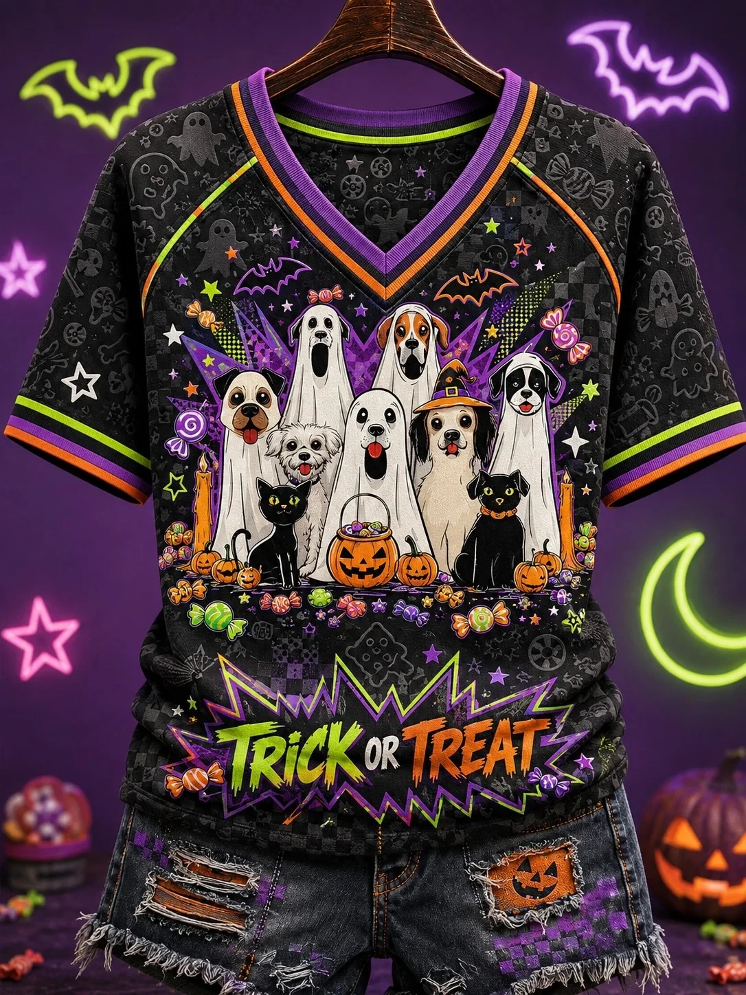 Halloween Dog Trick Or Treat V-Neck T-Shirt Cute Halloween Apparel Gift For Animal Lovers - Kdjoy