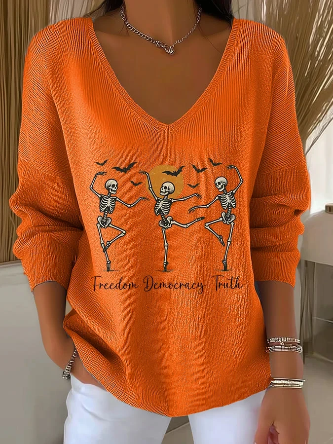 Halloween FDT Skeletons Freedom Democracy Truth V-Neck Long Sleeve Shirt Dancing Skeletons Merch - Kdjoy