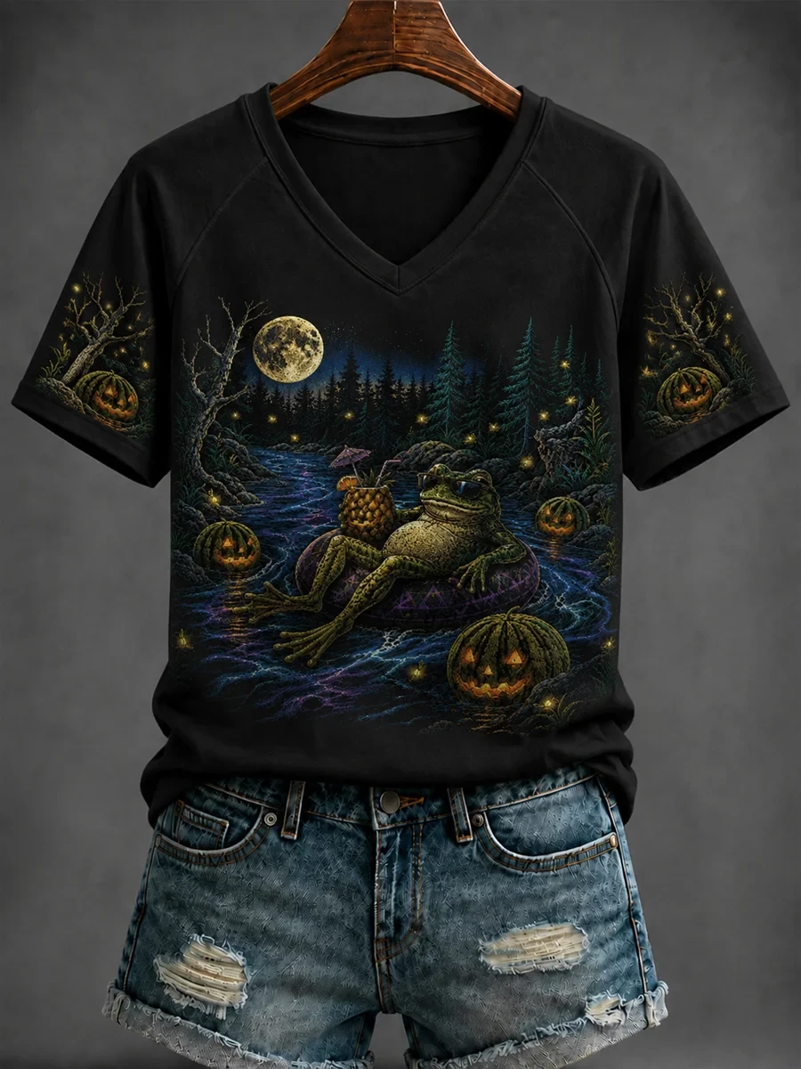 Halloween Frog Floating On River V-Neck Shirt Spooky Season Apparel Gothic Gifts Ideas - Kdjoy Halloween Frog Floating On River V-Neck Shirt Spooky Season Apparel Gothic Gifts Ideas - Kdjoy