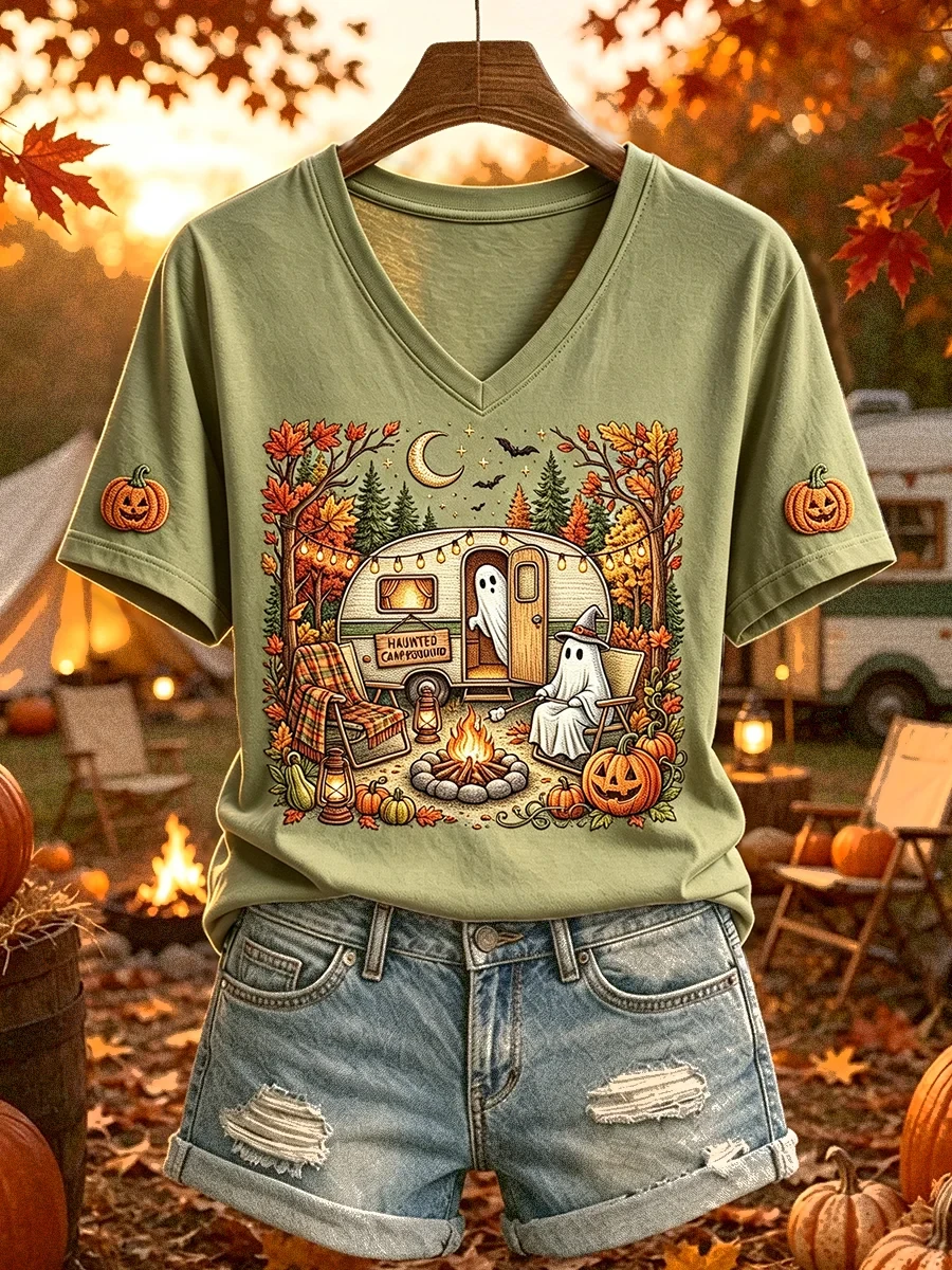 Halloween Ghost Camping Print V-Neck Shirt Cute Autumn Clothes Best Halloween Gifts - Kdjoy Halloween Ghost Camping Print V-Neck Shirt Cute Autumn Clothes Best Halloween Gifts - Kdjoy