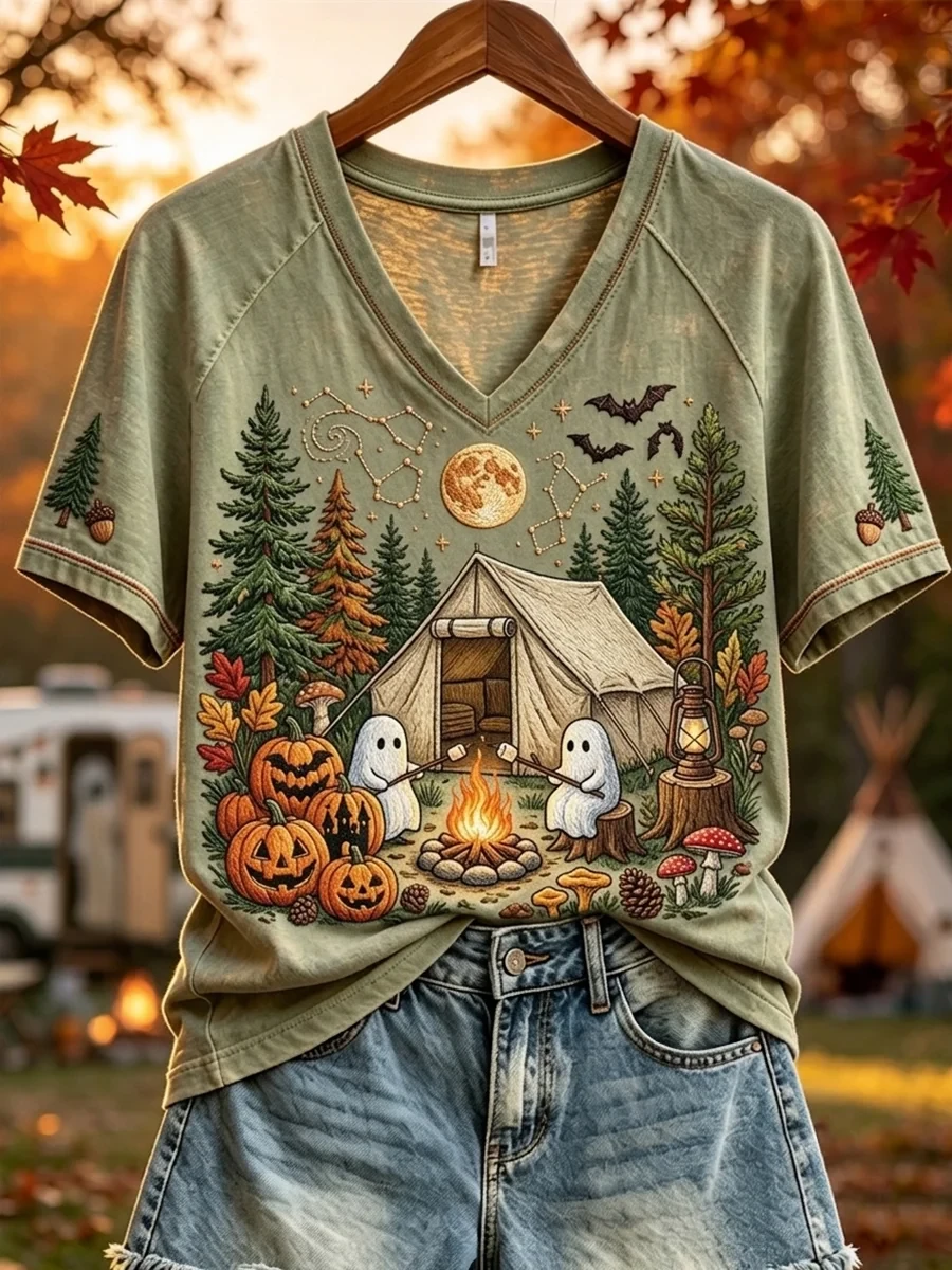 Halloween Ghost Camping V-Neck Shirt Cute Camping Outfits Halloween Gift Ideas - Kdjoy Halloween Ghost Camping V-Neck Shirt Cute Camping Outfits Halloween Gift Ideas - Kdjoy