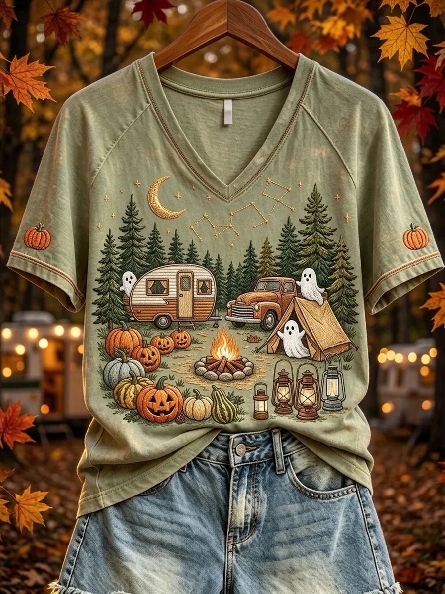 Halloween Ghost Camping V-Neck Shirt Funny Camper Outfits Gift For Halloween' - Kdjoy Halloween Ghost Camping V-Neck Shirt Funny Camper Outfits Gift For Halloween' - Kdjoy