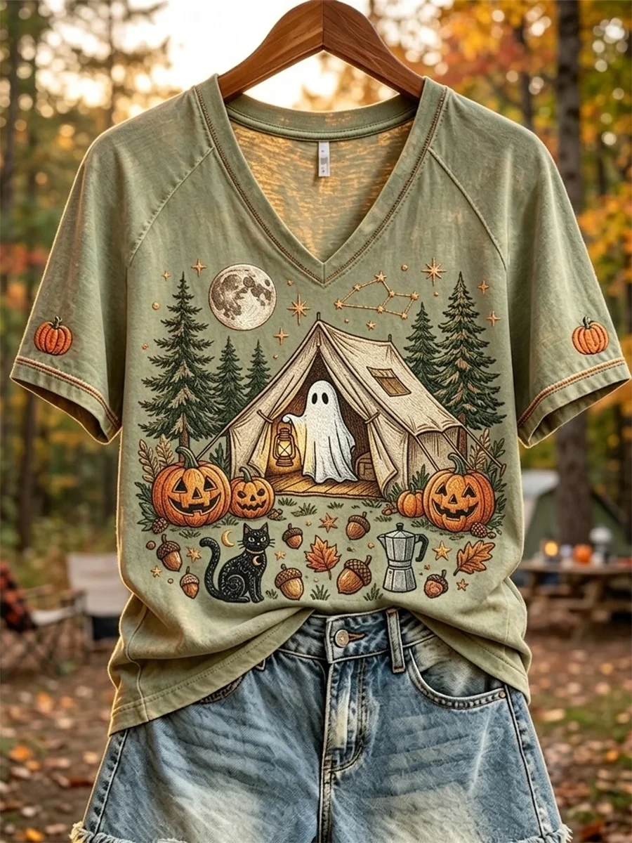 Halloween Ghost Camping V-Neck Shirt Funny Spooky Season Outfits Gifts For Halloween - Kdjoy Halloween Ghost Camping V-Neck Shirt Funny Spooky Season Outfits Gifts For Halloween - Kdjoy
