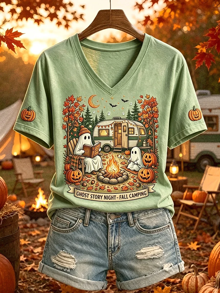 Halloween Ghost Camping V-Neck Shirt Ghost Story Night Fall Camping Shirt Cute Halloween Gifts - Kdjoy