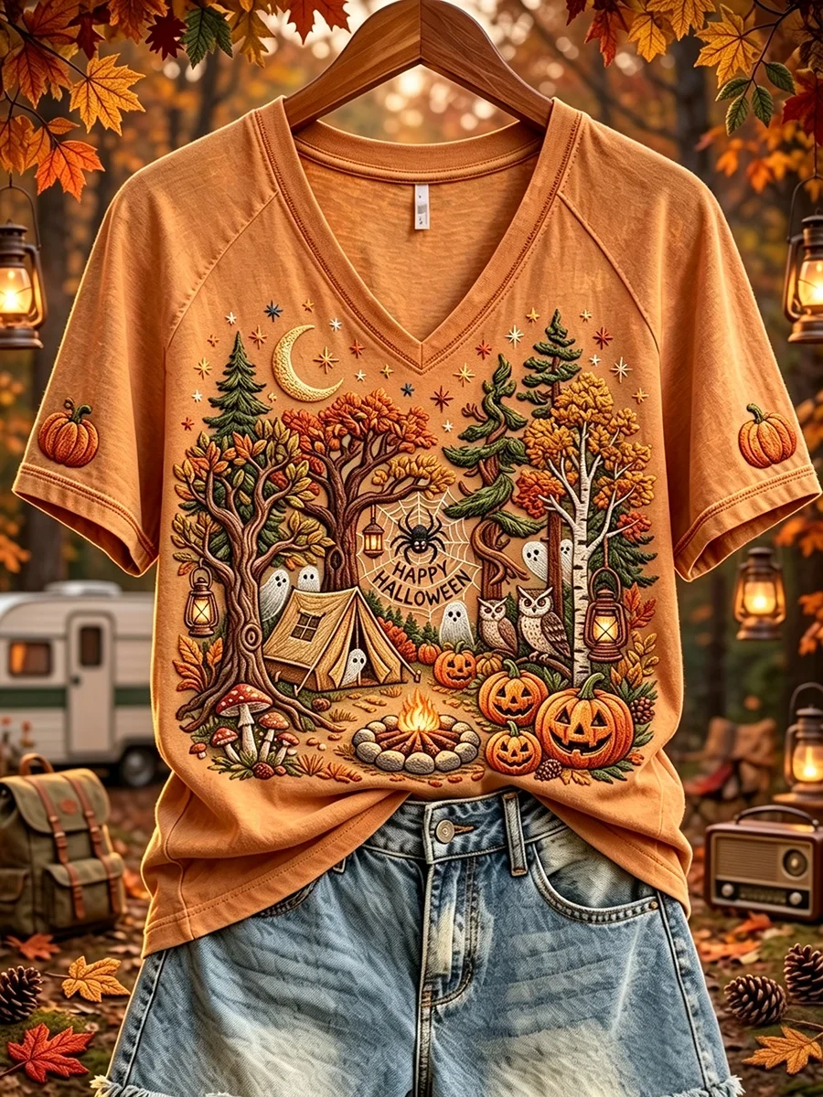 Halloween Ghost Camping V-Neck Shirt Happy Halloween Apparel 2026 Gifts For Campers - Kdjoy Halloween Ghost Camping V-Neck Shirt Happy Halloween Apparel 2026 Gifts For Campers - Kdjoy