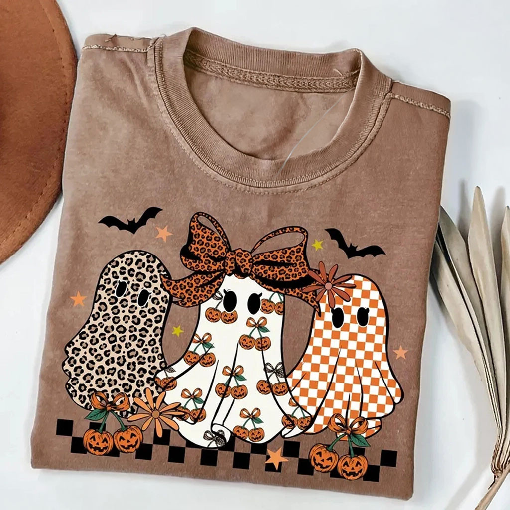 Halloween Ghost Coquette Leopard Checkered T-Shirt Cute Spooky Season Tee Halloween Gifts - Kdjoy