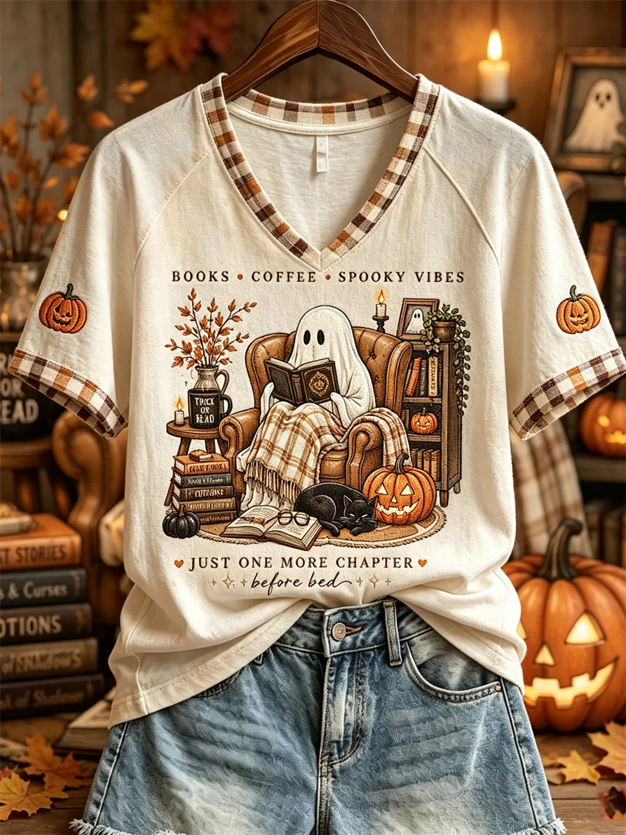 Halloween Ghost Cozy Fall Reading V-Neck Shirt Books Coffee Spooky Vibes Apparel Halloween Gift - Kdjoy