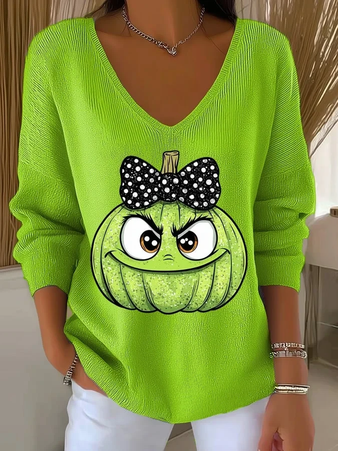 Halloween Ghost Face V-Neck Long Sleeve Shirt Cute Green Pumpkin Face Bow Merch Unique Gift - Kdjoy