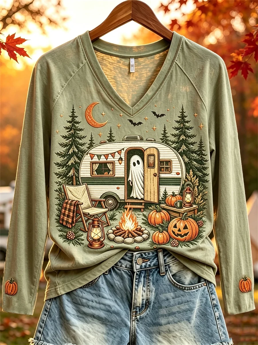 Halloween Ghost Fall RV Camping V-Neck Long Sleeve T-Shirt Best Halloween Gifts For Women - Kdjoy