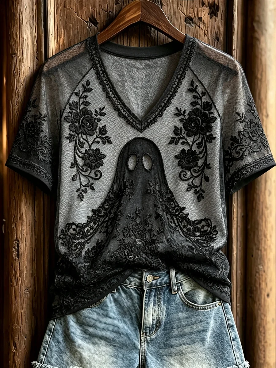 Halloween Ghost Floral Art Gothic V-Neck Shirt Halloween Horror Nights Apparel Gift For Her - Kdjoy Halloween Ghost Floral Art Gothic V-Neck Shirt Halloween Horror Nights Apparel Gift For Her - Kdjoy