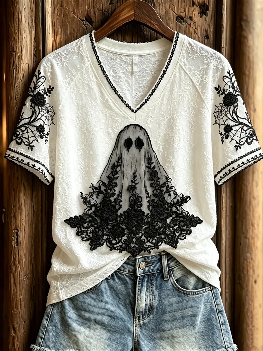 Halloween Ghost Floral Art V-Neck Shirt Gothic Apparel Best Halloween Gifts - Kdjoy