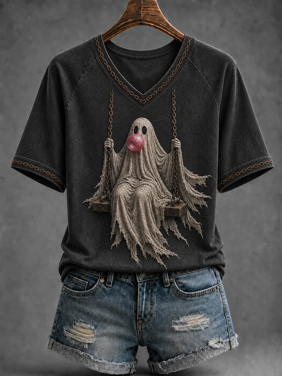 Halloween Ghost On Swing V-Neck Shirt Spooky Season Outfit Gift For Halloween Lovers - Kdjoy Halloween Ghost On Swing V-Neck Shirt Spooky Season Outfit Gift For Halloween Lovers - Kdjoy