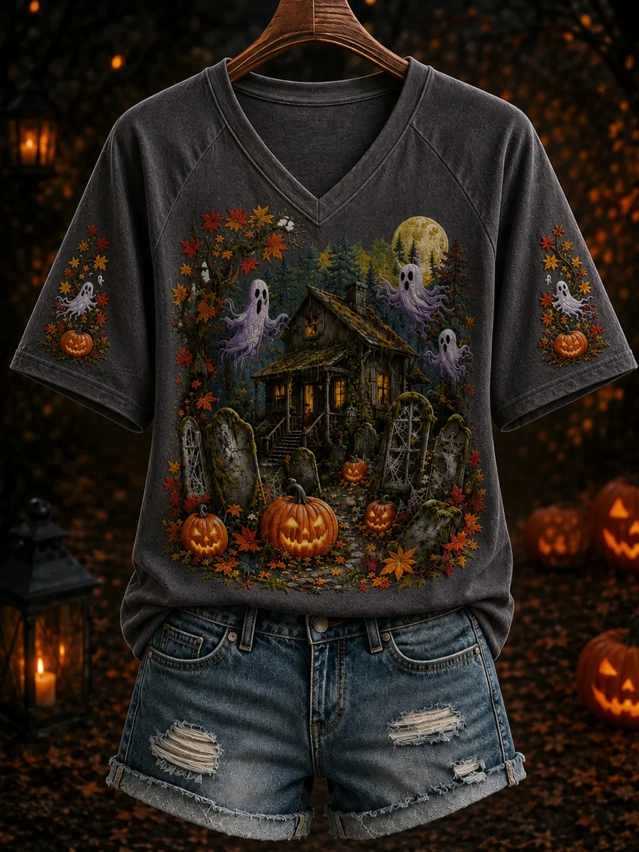 Halloween Ghost Pumpkin Art V-Neck Shirt Spooky Outfits Gift For Horror Lovers - Kdjoy Halloween Ghost Pumpkin Art V-Neck Shirt Spooky Outfits Gift For Horror Lovers - Kdjoy