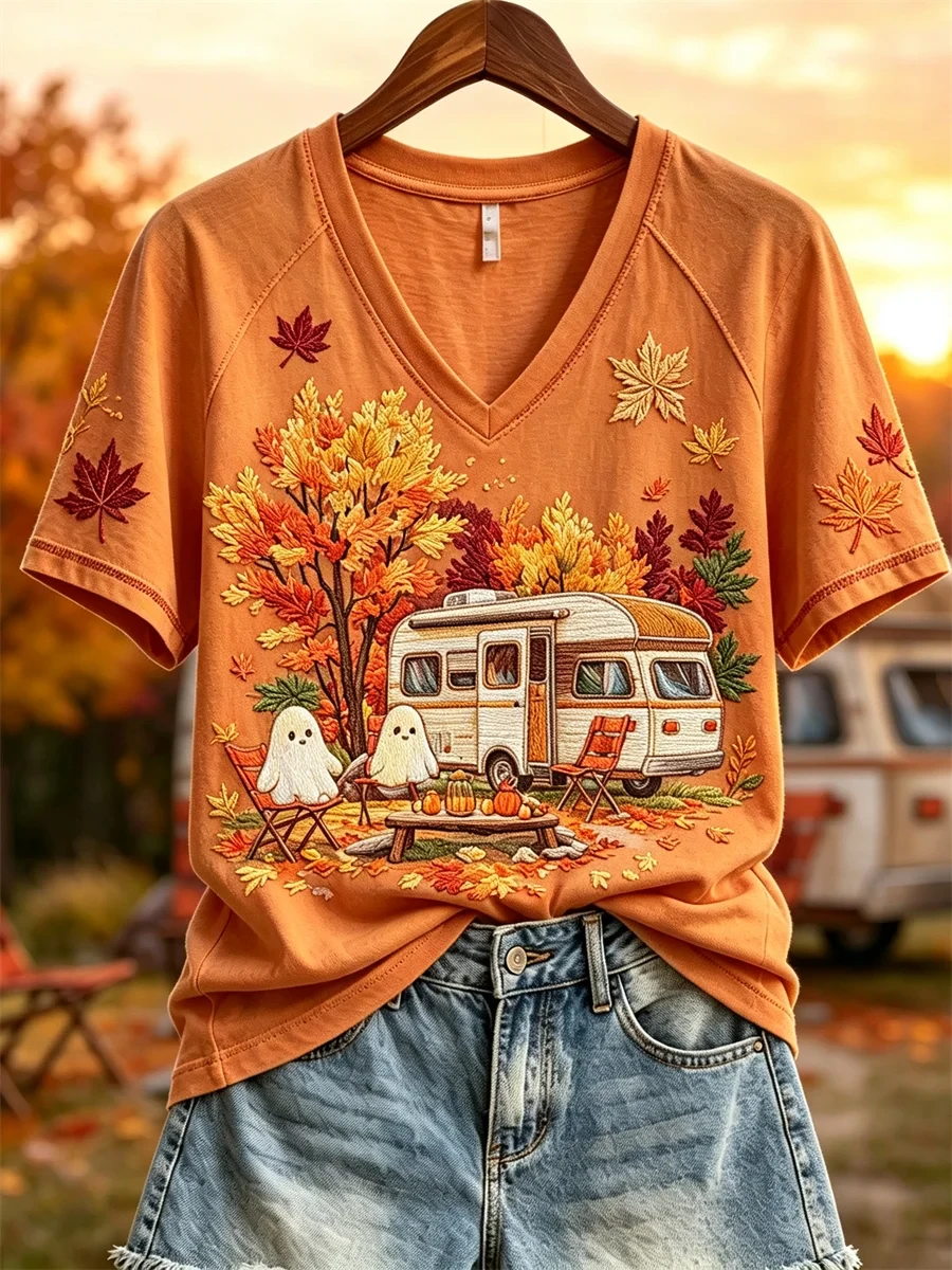 Halloween Ghost RV Camping Fall Landscape V-Neck Shirt Autumn Apparel Cute Halloween Gifts - Kdjoy