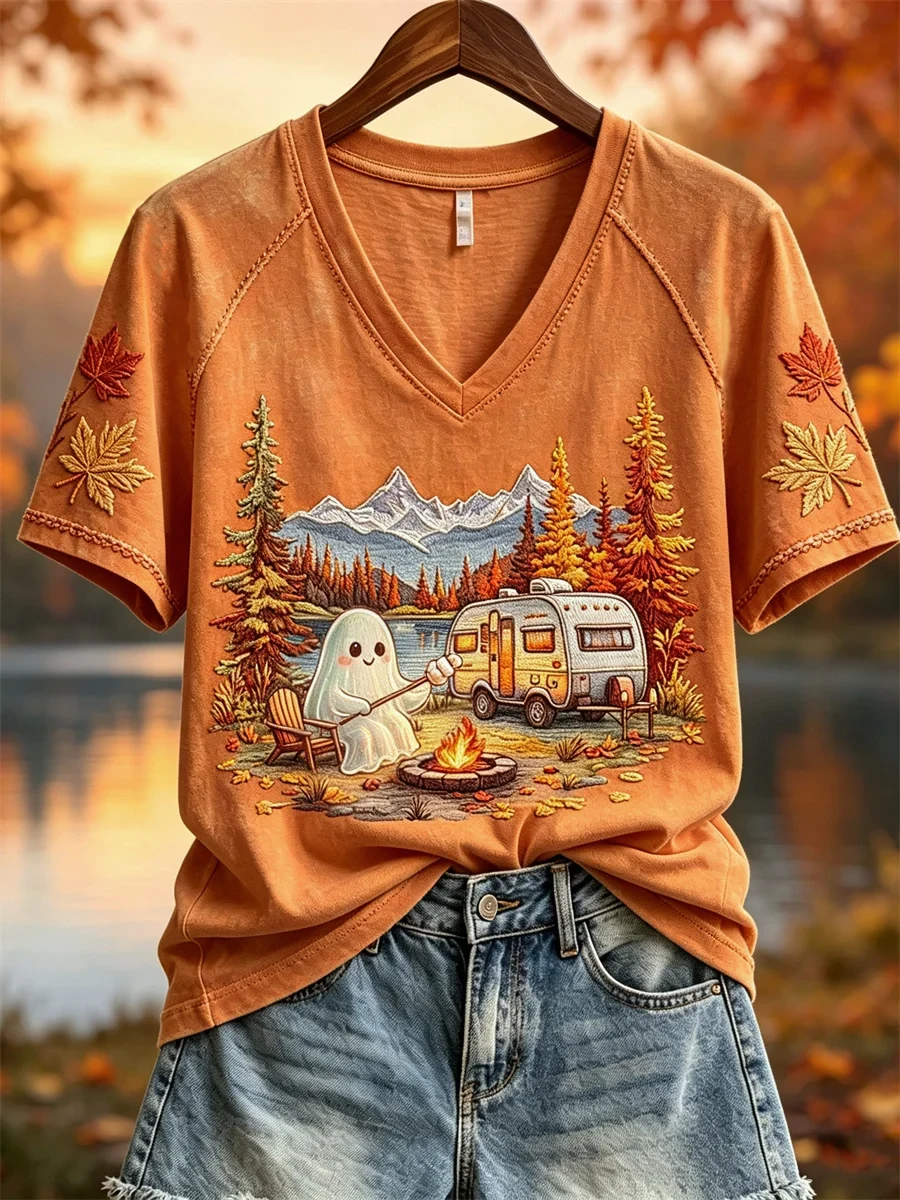 Halloween Ghost RV Camping Fall Landscape V-Neck Shirt Autumn Colours Clothes Halloween Gifts - Kdjoy
