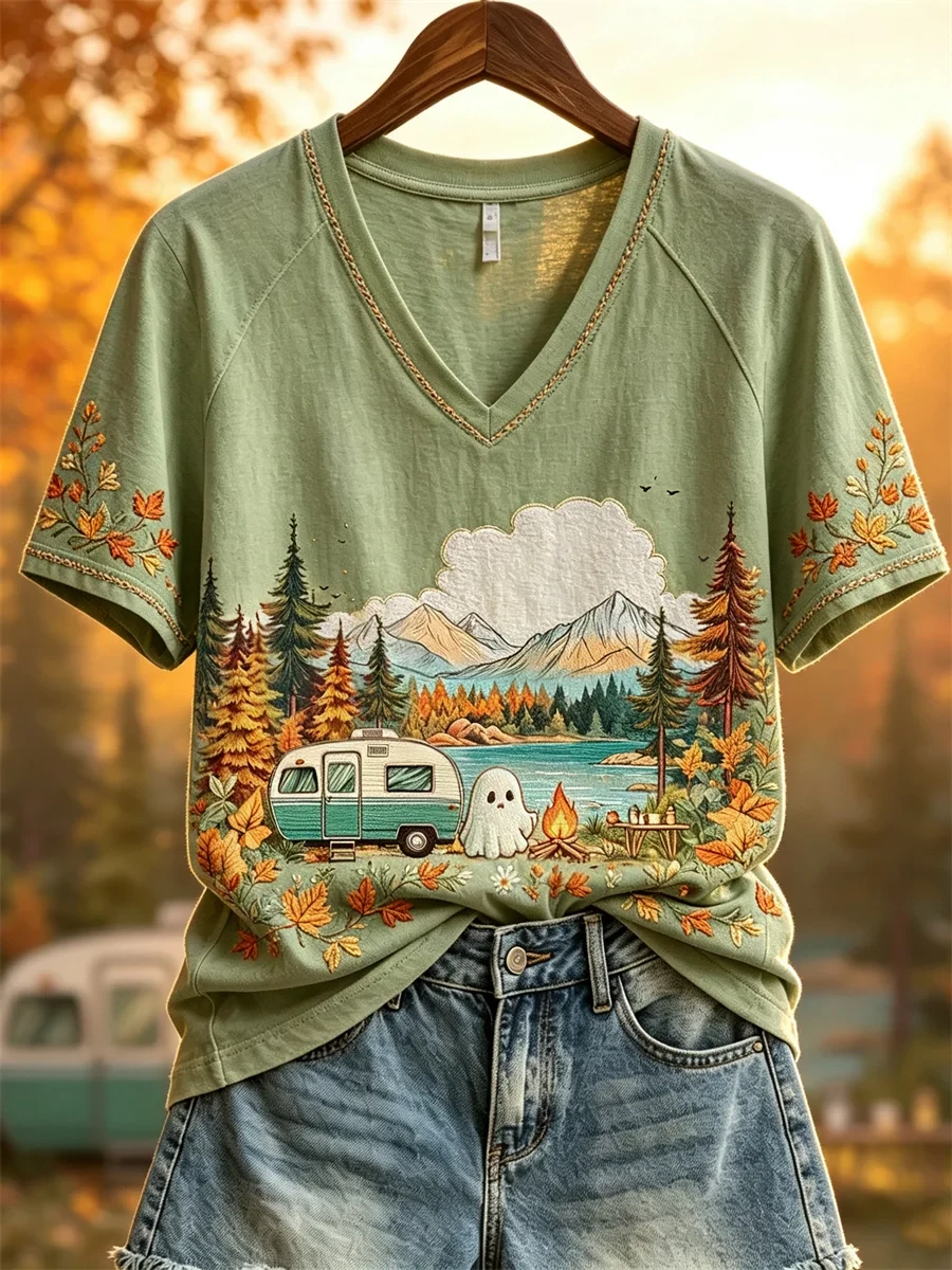 Halloween Ghost RV Camping Fall Landscape V-Neck Shirt Cute Autumn Clothes Halloween Gifts - Kdjoy Halloween Ghost RV Camping Fall Landscape V-Neck Shirt Cute Autumn Clothes Halloween Gifts - Kdjoy