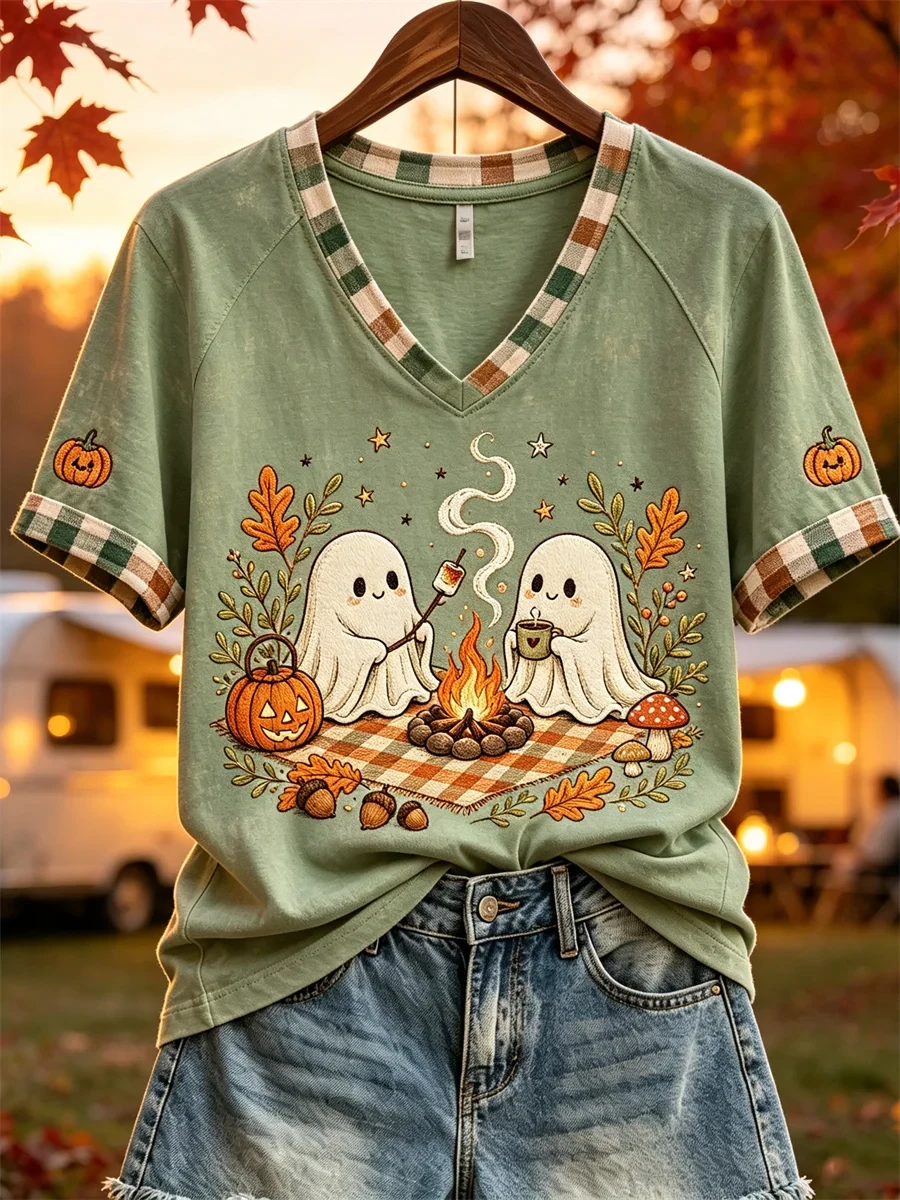 Halloween Ghosts Camping V-Neck Shirt Cute Fall Apparel Gifts For Halloween - Kdjoy