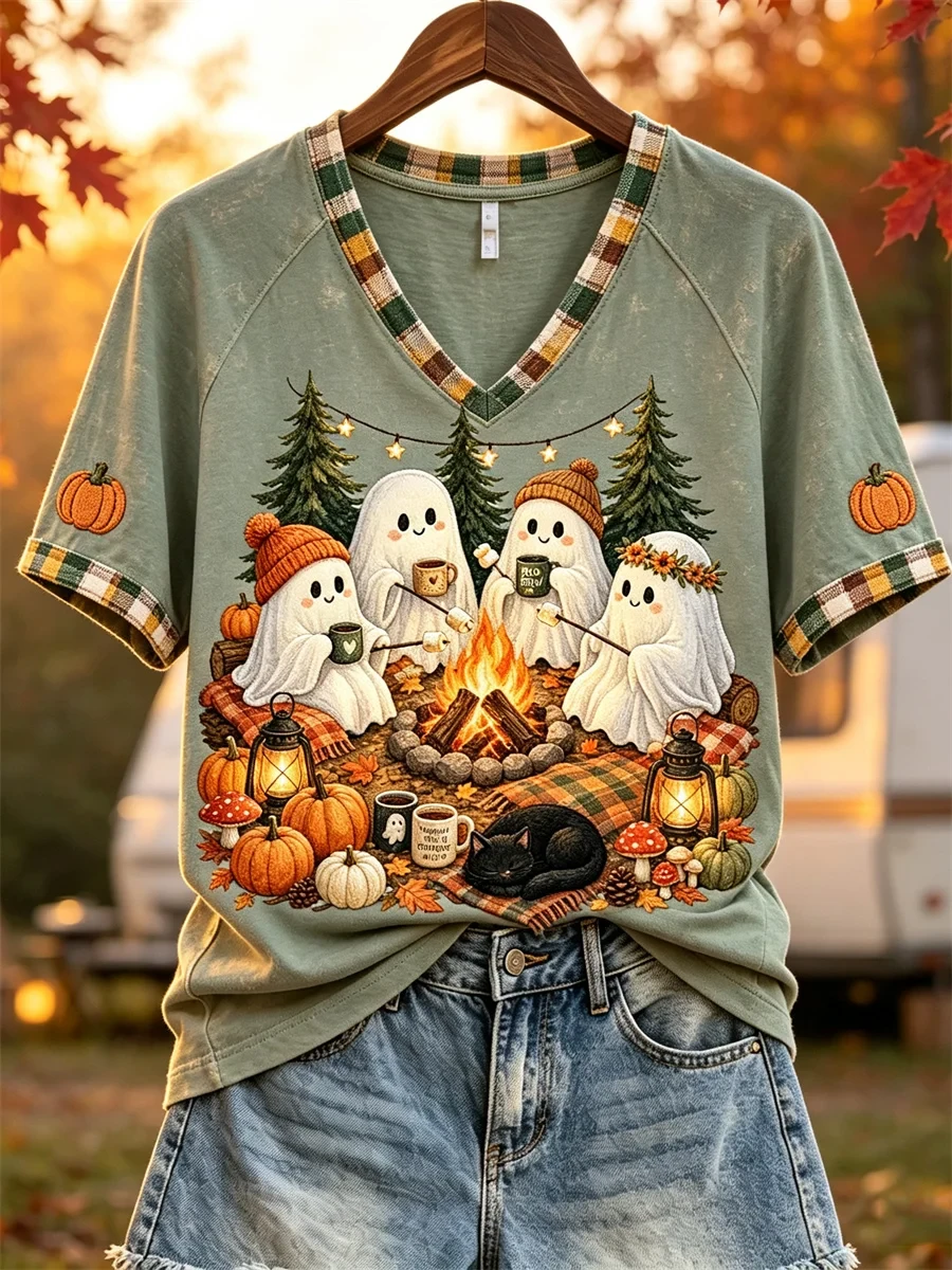 Halloween Ghosts Cozy Fall Camping V-Neck Shirt Trendy Autumn Clothes Gifts For Halloween - Kdjoy