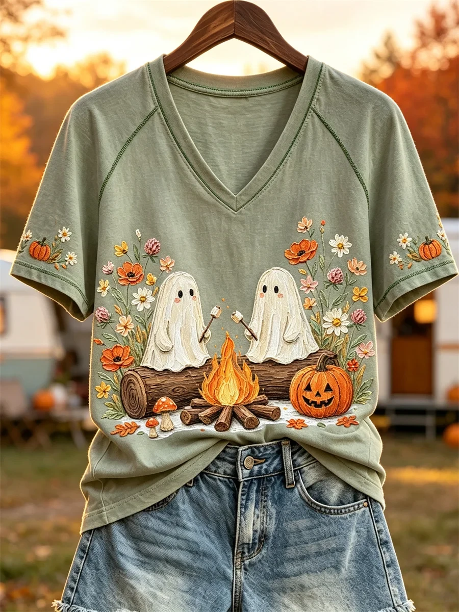 Halloween Ghosts Fall Camping Floral V-Neck Shirt Autumn Season Clothes Gift For Halloween - Kdjoy Halloween Ghosts Fall Camping Floral V-Neck Shirt Autumn Season Clothes Gift For Halloween - Kdjoy