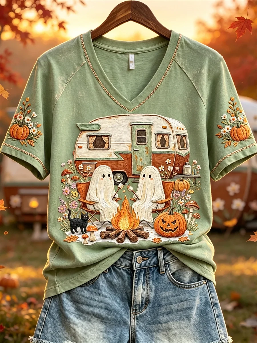 Halloween Ghosts Fall Camping Floral V-Neck Shirt Cute Autumn Outfits Gifts For Her - Kdjoy