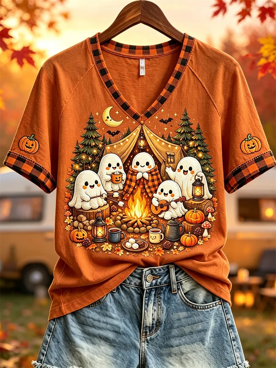 Halloween Ghosts Fall Camping V-Neck Shirt Adorable Autumn Apparel Halloween Gift For Her - Kdjoy Halloween Ghosts Fall Camping V-Neck Shirt Adorable Autumn Apparel Halloween Gift For Her - Kdjoy