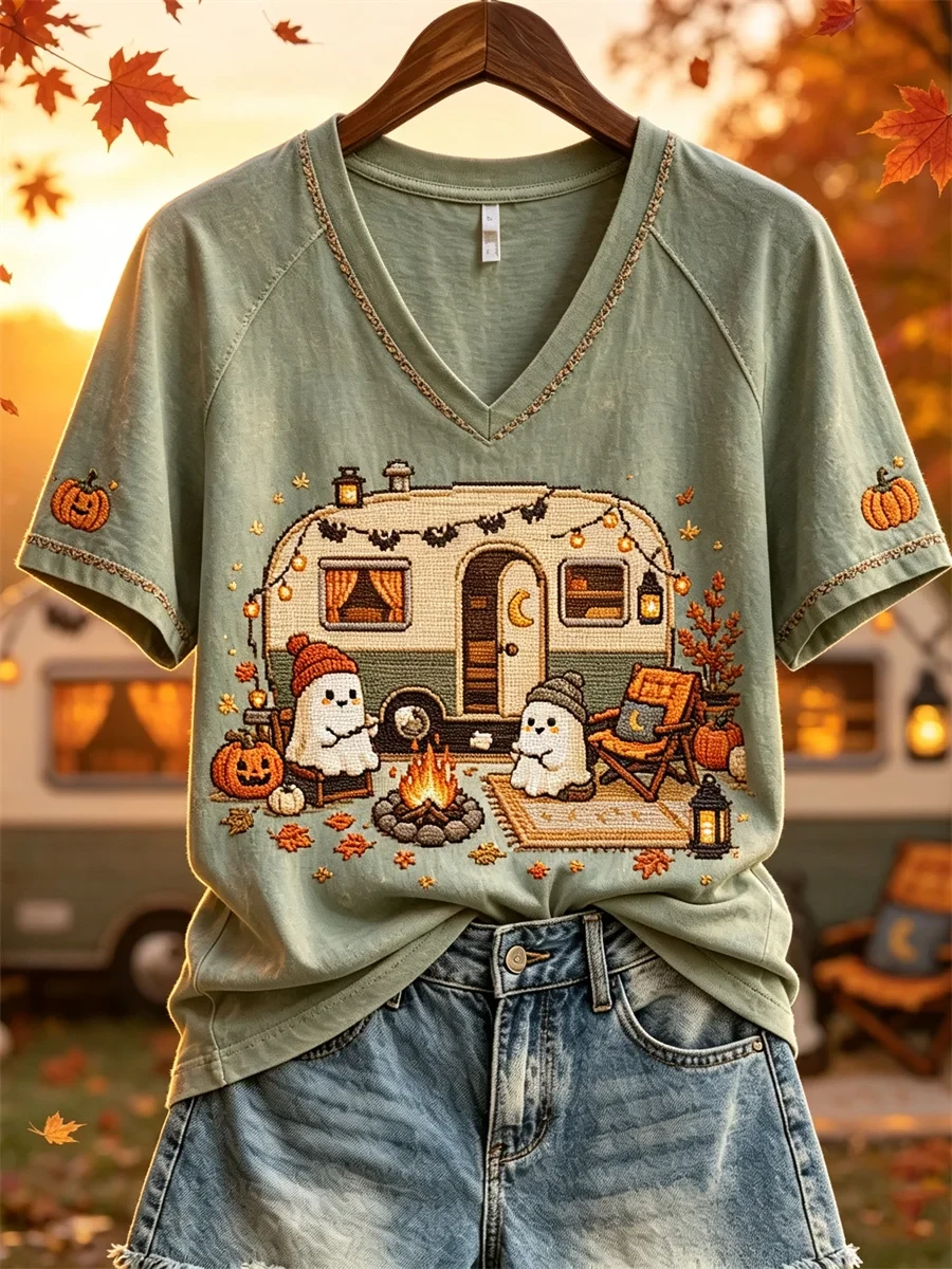 Halloween Ghosts Fall RV Camping V-Neck Shirt Cute Halloween Outfits Gift For Her - Kdjoy Halloween Ghosts Fall RV Camping V-Neck Shirt Cute Halloween Outfits Gift For Her - Kdjoy