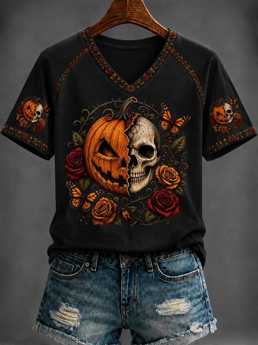Halloween Half Skull Half Pumpkin V-Neck Shirt Gothic Spooky Season Apparel Halloween Gifts - Kdjoy