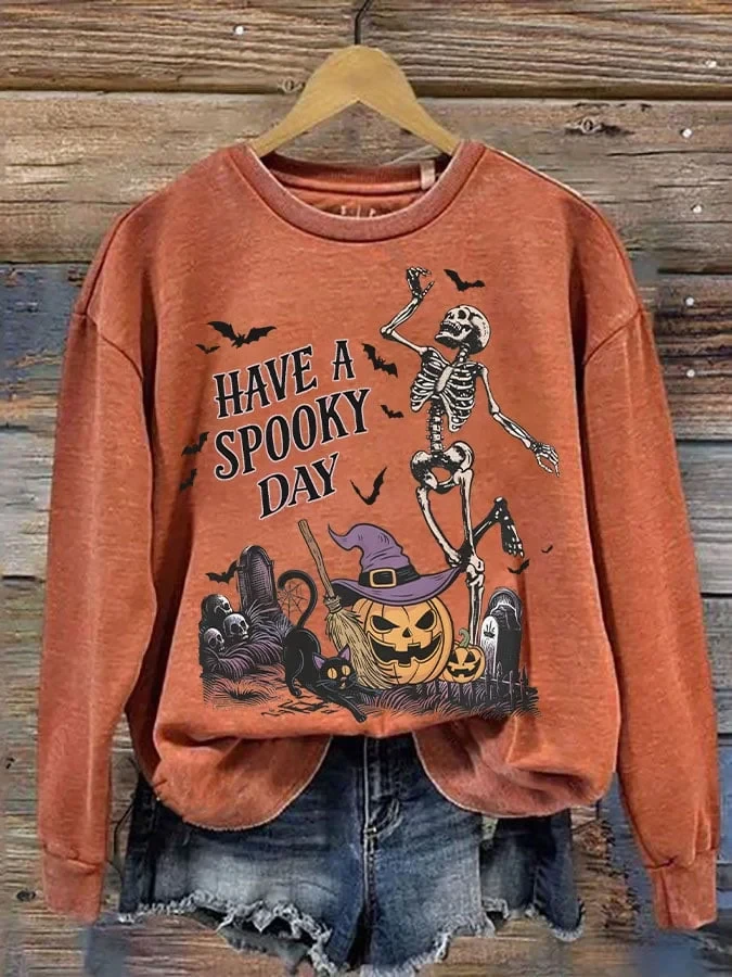 Halloween Have A Spooky Day Sweatshirt Skeleton Halloween Clothing Present For Husband - Kdjoy