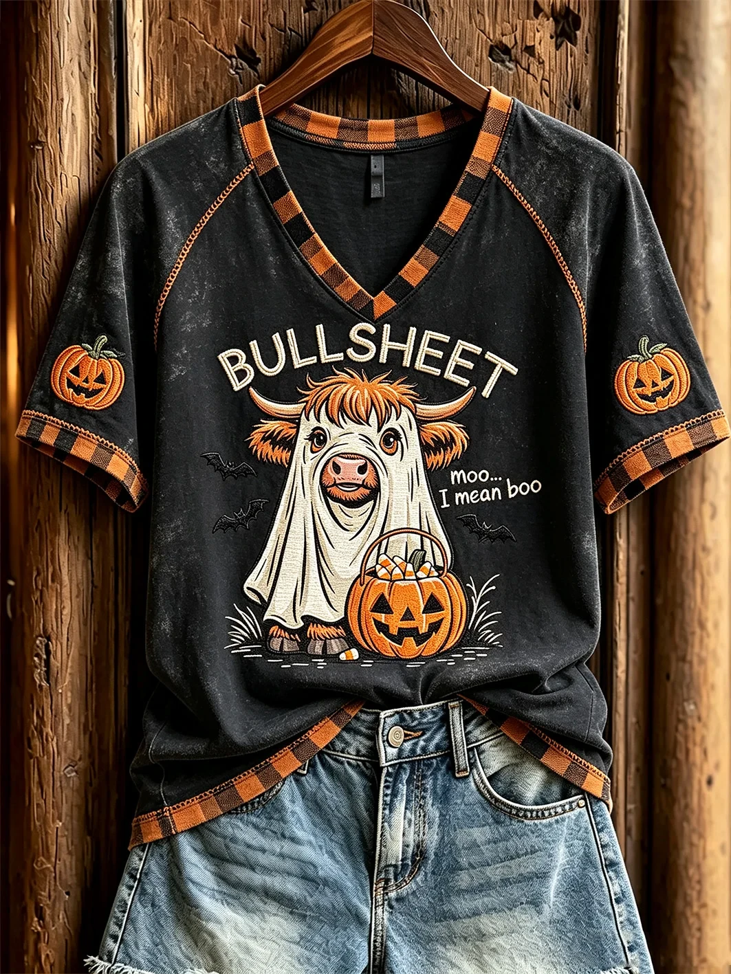 Halloween Highland Cow Bullshet V-Neck Shirt Moo I Mean Boo Shirts Cute Halloween Gifts - Kdjoy