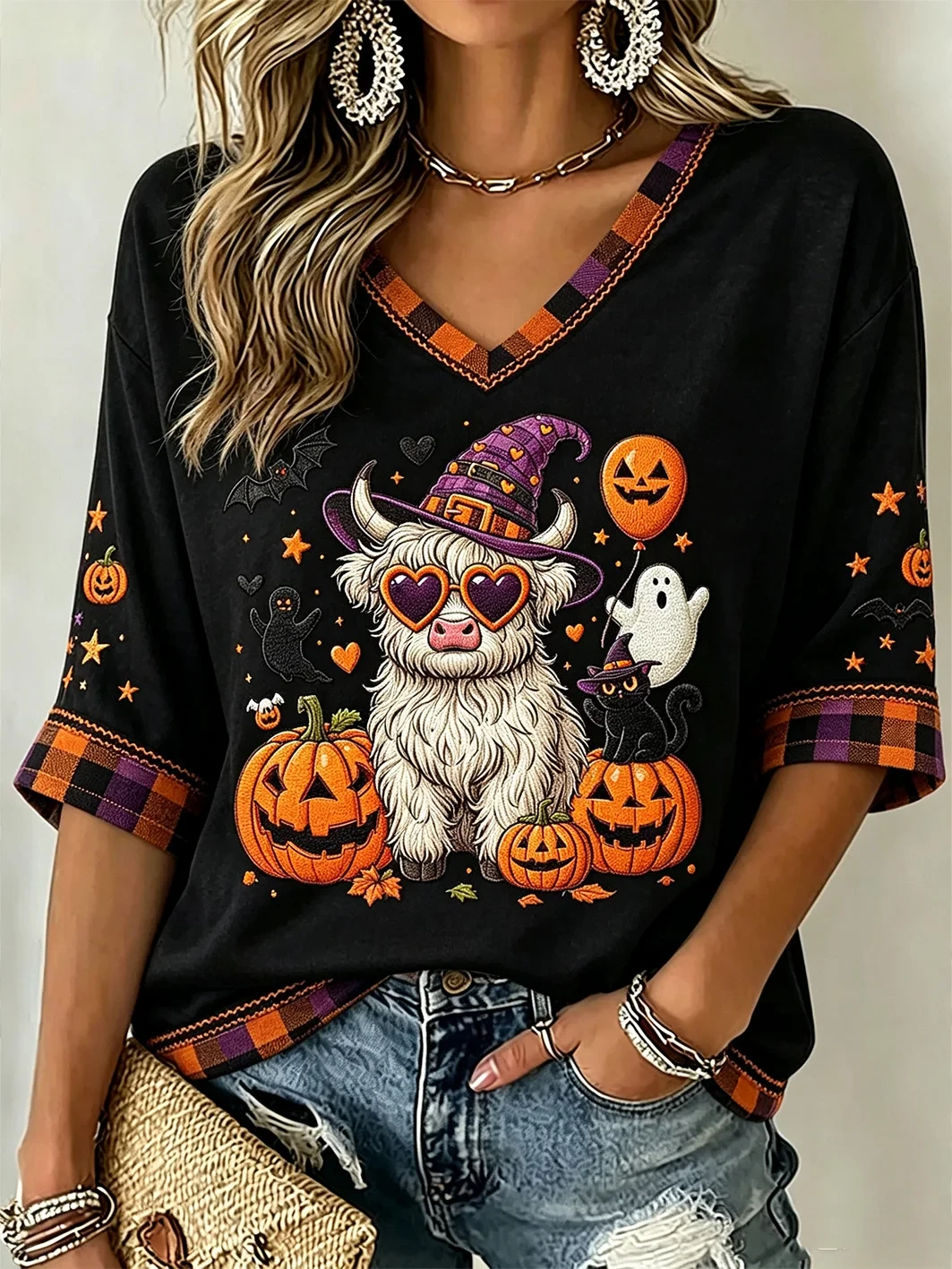 Halloween Highland Cow Cropped Sleeve V-Neck Shirt Cute Ghost Pumpkin Highland Cow Merch - Kdjoy