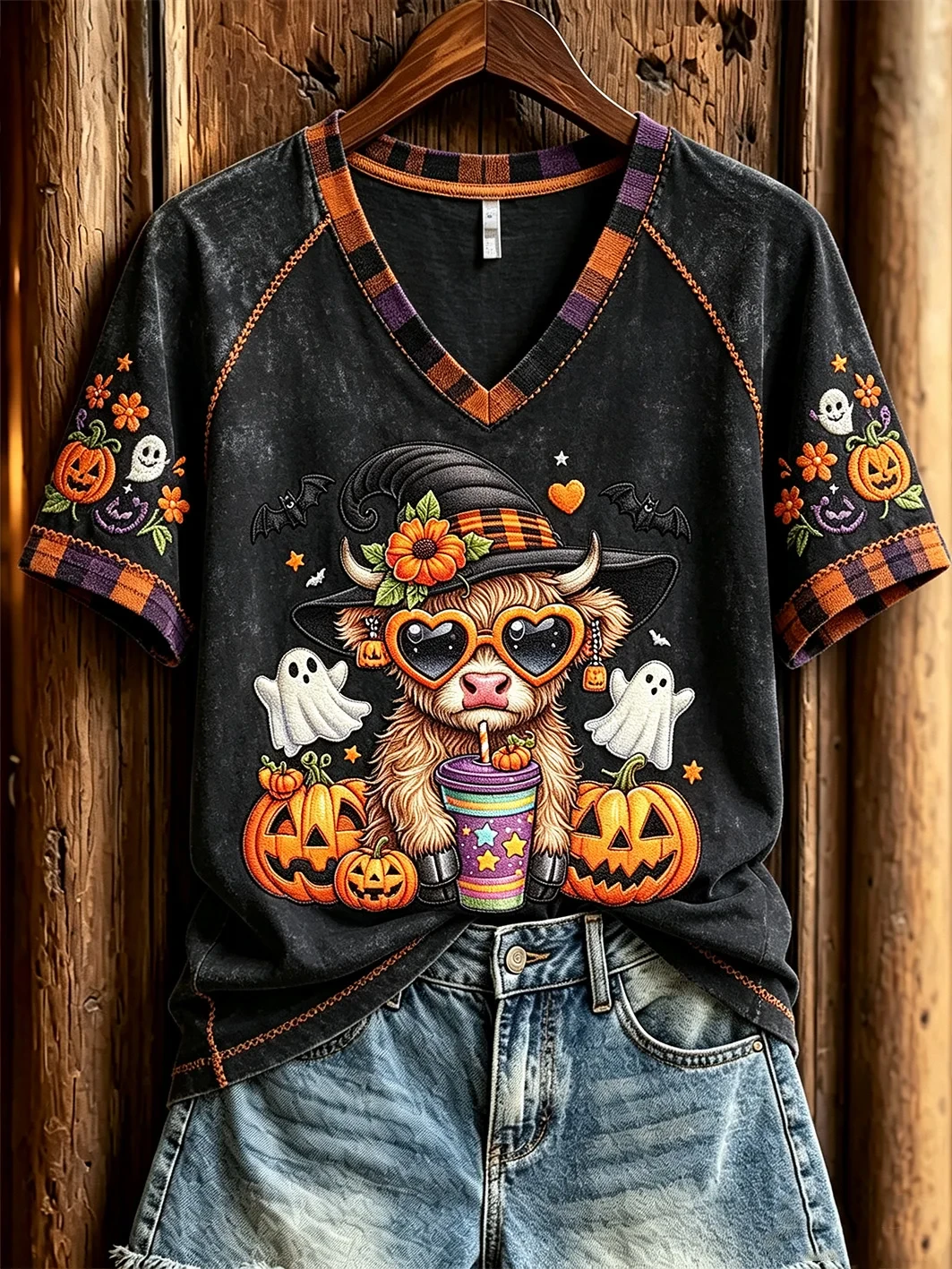 Halloween Highland Cow V-Neck Shirt Witch Outfit For Women Halloween Gift For Cow Lovers - Kdjoy