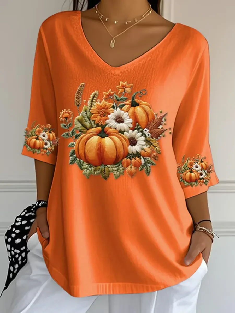 Halloween Jack O Lantern Striped Cropped Sleeve V-Neck Shirt Spooky Halloween Merch Holiday Gift - Kdjoy