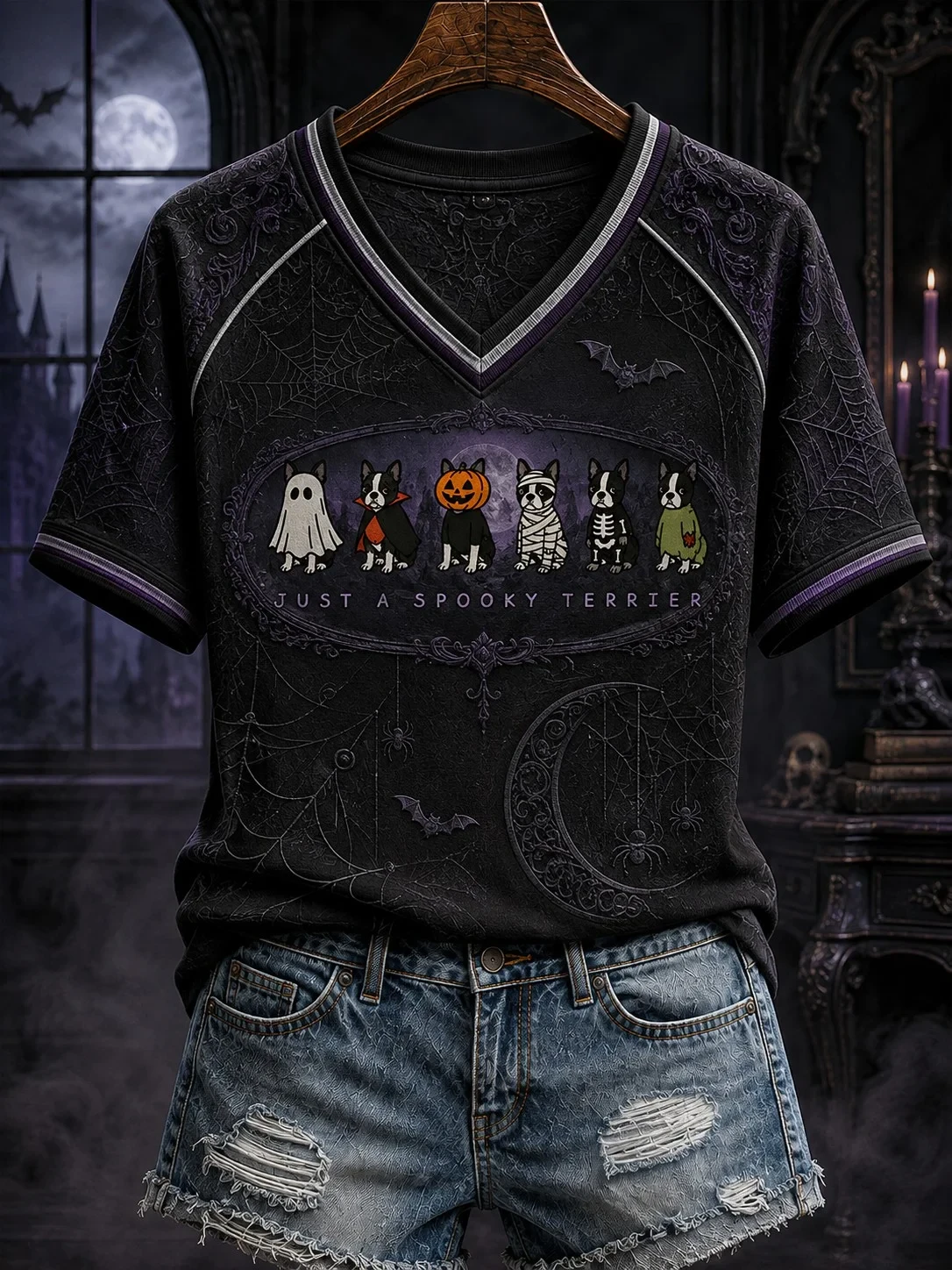 Halloween Just A Spooky Terrier Printed V-Neck T-Shirt Halloween Outfits Dog Mom Gifts - Kdjoy