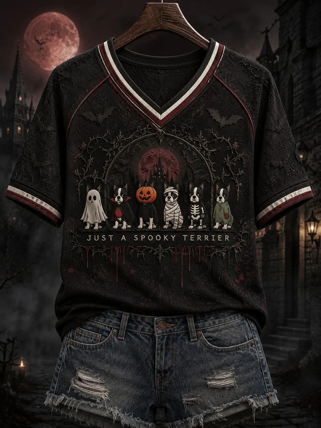 Halloween Just A Spooky Terrier V-Neck T-Shirt Cute Halloween Outfit Gift for Dog Lovers - Kdjoy