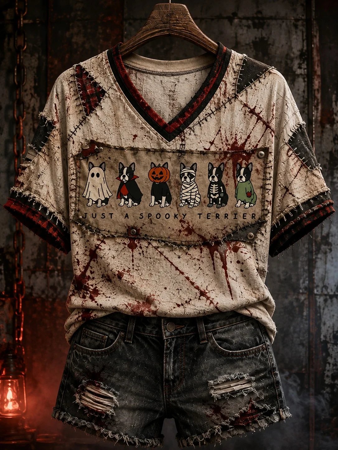 Halloween Just A Spooky Terrier V-Neck T-Shirt Horror Blood Splatter Shirt Dog Mom Gifts - Kdjoy