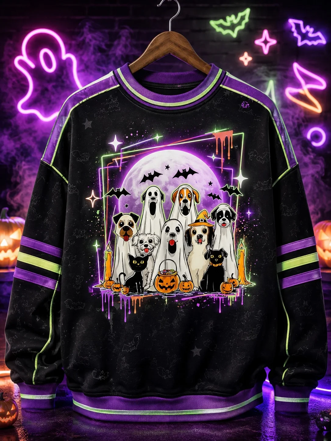 Halloween Neon Cat Sweatshirt Ghost Pumpkin Witch Spooky Apparel Gift For Fans - Kdjoy
