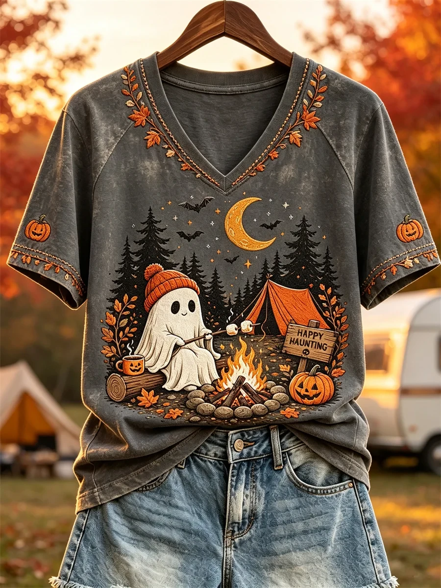 Halloween Night Ghost Fall Camping V-Neck Shirt Happy Haunting Shirt Cute Gift For Autumn - Kdjoy