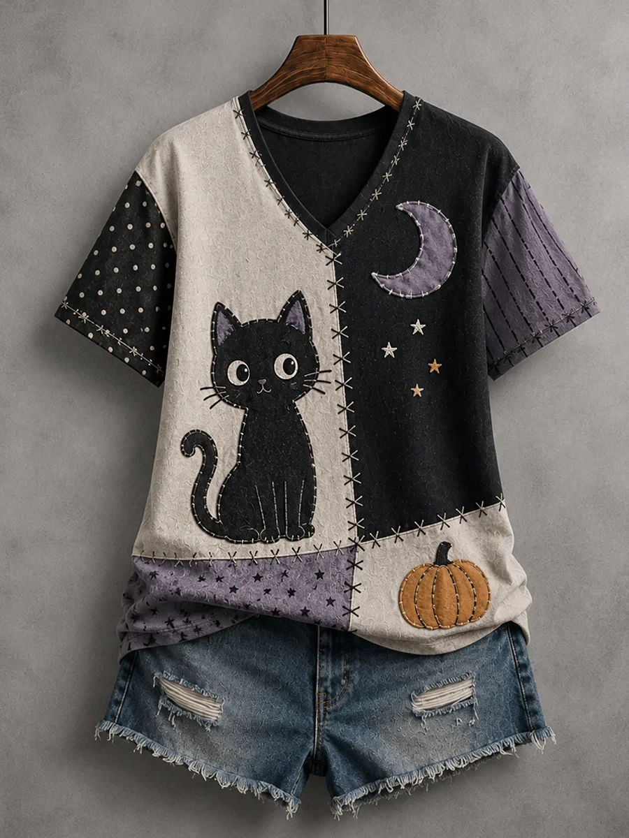 Halloween Patchwork Black Cat Print V-Neck Shirt Spooky Season Shirts Gift For Cat Lovers - Kdjoy Halloween Patchwork Black Cat Print V-Neck Shirt Spooky Season Shirts Gift For Cat Lovers - Kdjoy