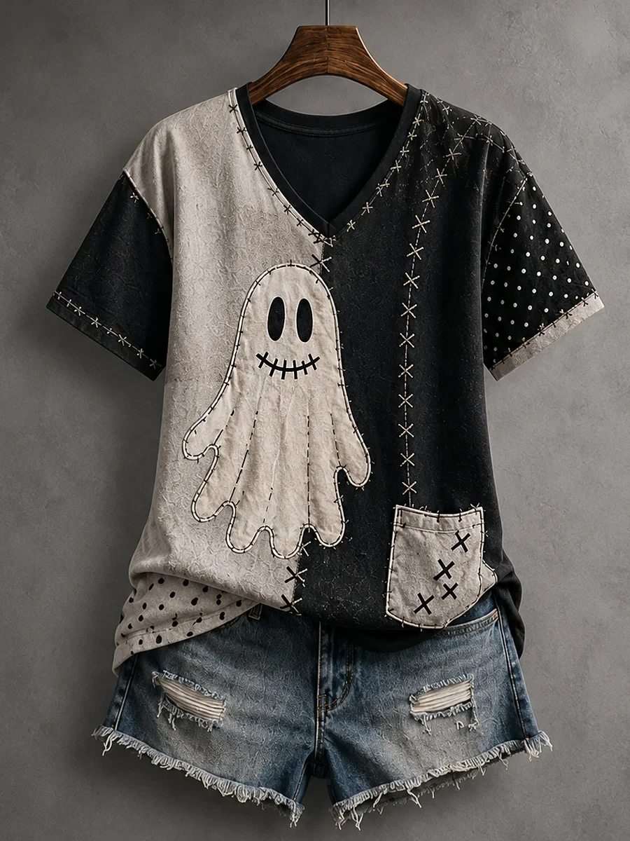 Halloween Patchwork Ghost Print V-Neck Shirt Spooky Season Apparel Cute Halloween Gifts - Kdjoy