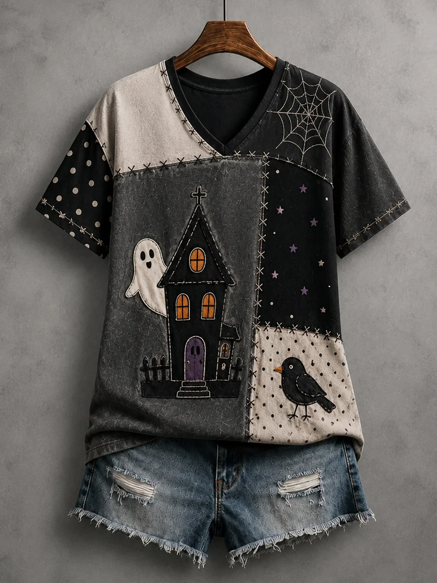 Halloween Patchwork Ghost Print V-Neck Shirt Spooky Season Shirts Halloween Themed Gifts - Kdjoy