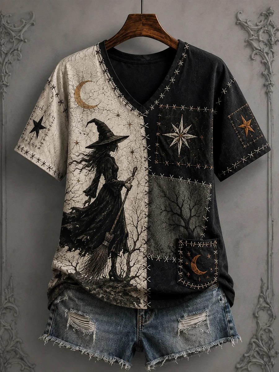 Halloween Patchwork Witch Print V-Neck Shirt Good Gifts For Halloween - Kdjoy Halloween Patchwork Witch Print V-Neck Shirt Good Gifts For Halloween - Kdjoy