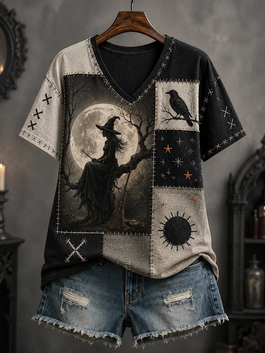 Halloween Patchwork Witch Print V-Neck Shirt Halloween Themed Clothes Gift For Witch Lovers - Kdjoy