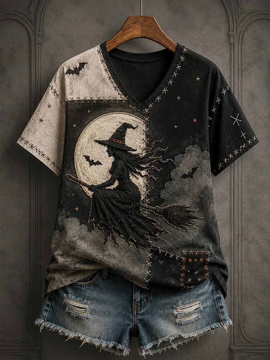 Halloween Patchwork Witch Print V-Neck Shirt Womens Halloween Gifts For Teens - Kdjoy Halloween Patchwork Witch Print V-Neck Shirt Womens Halloween Gifts For Teens - Kdjoy