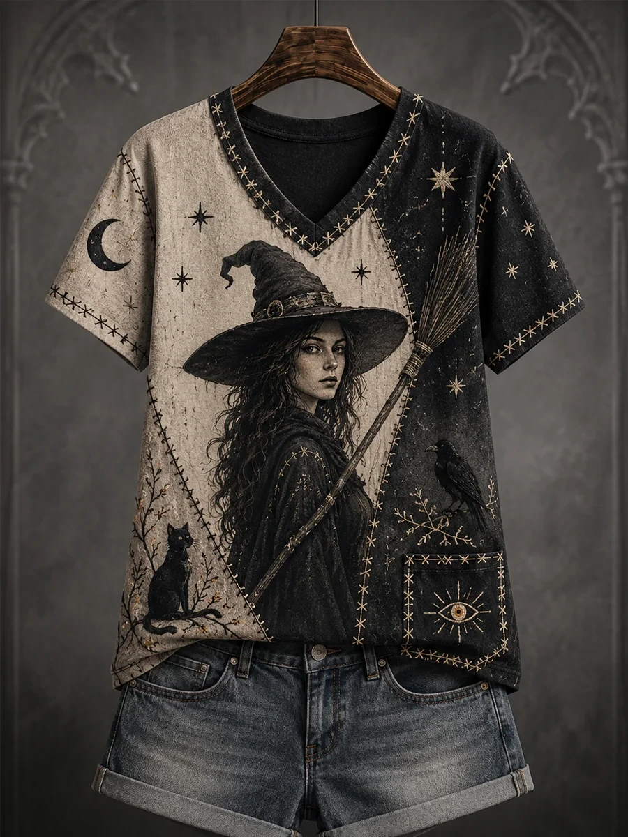 Halloween Patchwork Witch Print V-Neck Shirt Womens Witch Outfit Good Gifts For Halloween - Kdjoy Halloween Patchwork Witch Print V-Neck Shirt Womens Witch Outfit Good Gifts For Halloween - Kdjoy