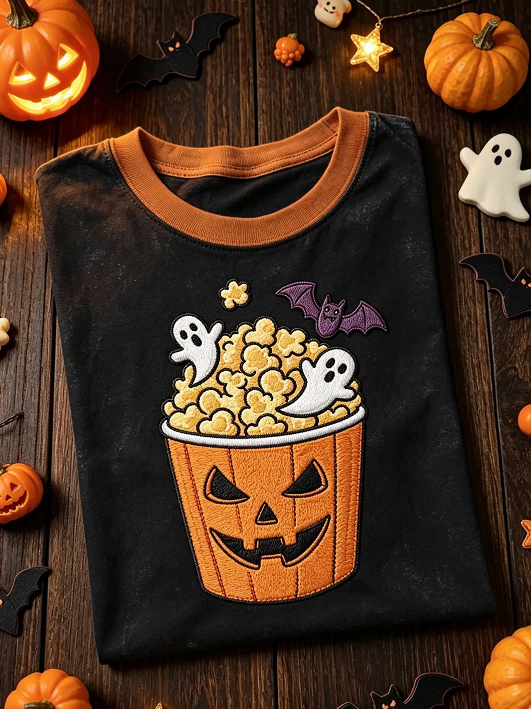 Halloween Popcorn Ghost Bat Movie Night T-Shirt Halloween Spooky Tee Clothing For Women - Kdjoy