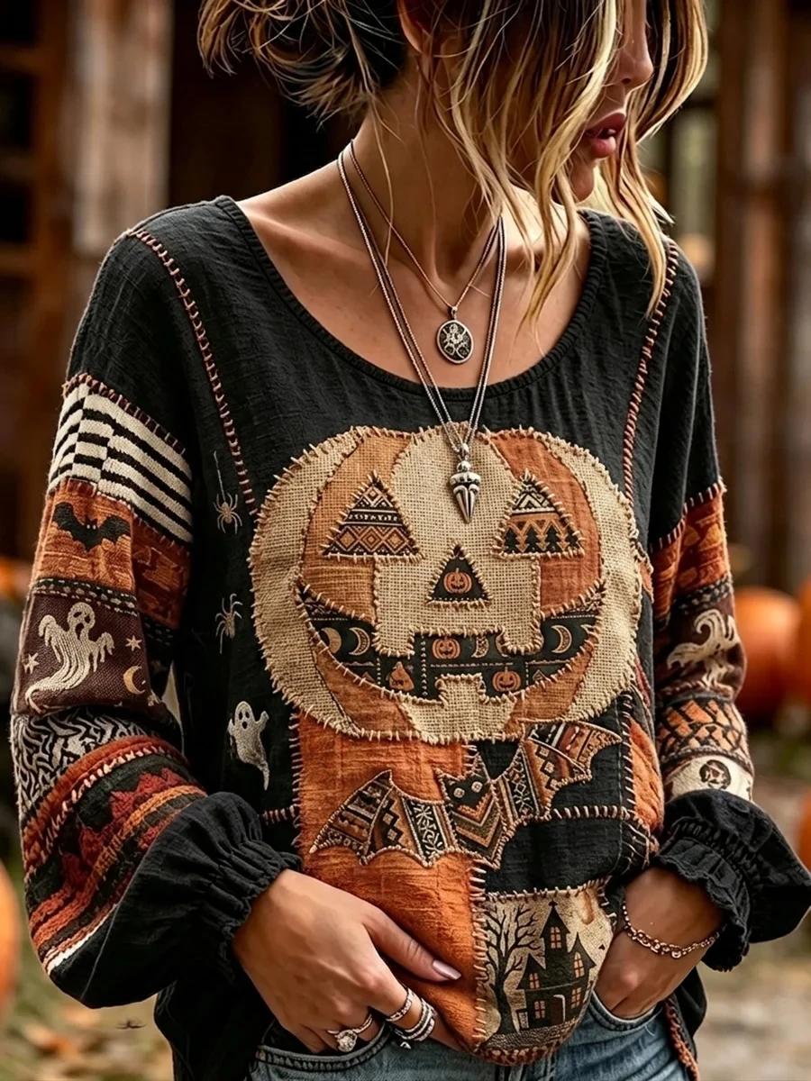 Halloween Pumpkin Patchwork Pattern Long Sleeve Shirt Vintage Boho Spooky Season Apparel Gift - Kdjoy