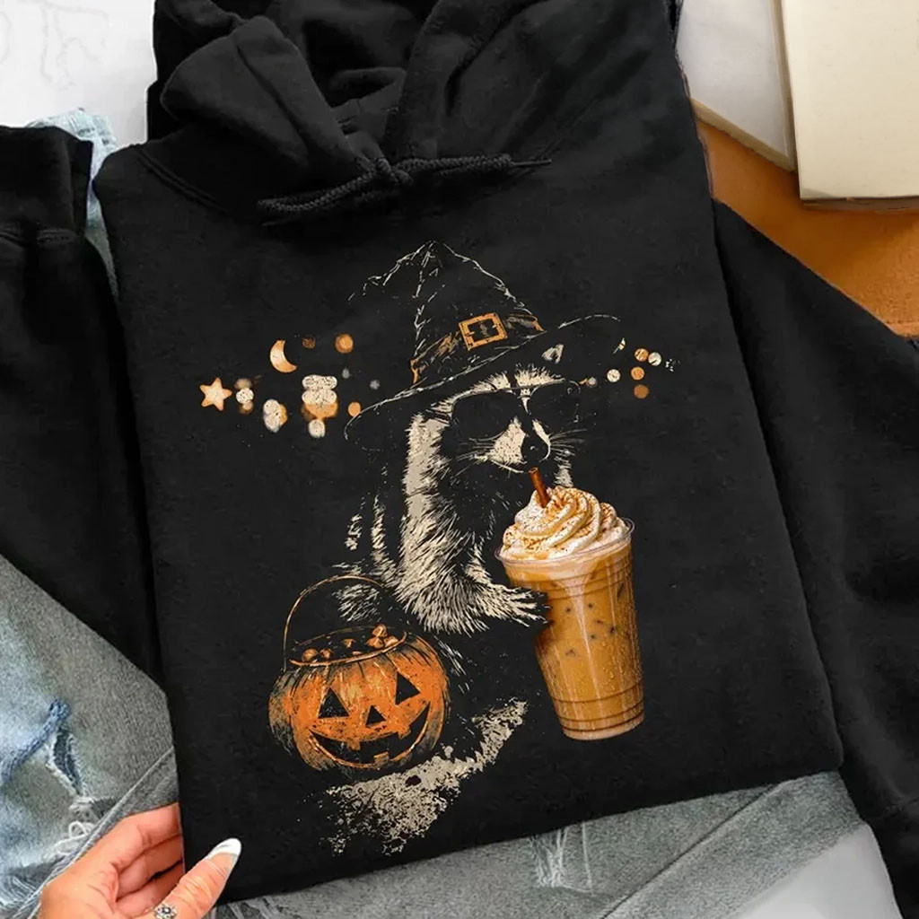 Halloween Raccoon Drinking Pumpkin Spice Hoodie Cute Witch Raccoon Spooky Season Apparel Gifts - Kdjoy Halloween Raccoon Drinking Pumpkin Spice Hoodie Cute Witch Raccoon Spooky Season Apparel Gifts - Kdjoy