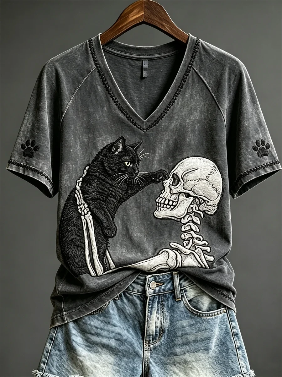 Halloween Skeleton And Black Cat V-Neck Shirt Cute Halloween Apparel Gift For Cat Lovers - Kdjoy